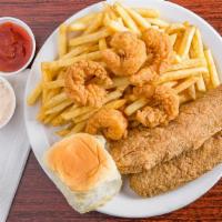 Chicken, Fish & Shrimp · 3 pieces catfish, 1 leg, 1 thigh and 6 shrimp. Comes with your choice of any side and a roll.