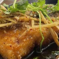 Sunflower Sea Bass/Ca Chien Dac Biet · Chilean sea bass fillet (8oz.) smothered in our special ginger soy glaze and served on a siz...