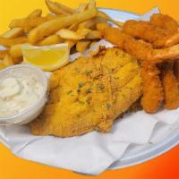 Fried Seafood Combination · Combination consists of Catfish, Tilapia, shrimp  and sides as well.