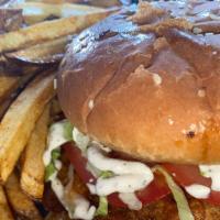 Buffalo Chik’N  Sandwich · Spicy batter and sauce on vegan chicken sandwich with your choice of habanero Mayo or whisky...