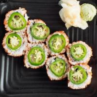 Jalapeno Ahi  · Crab mix, avocado, cucumber, dragon sauce, tuna, shichimi and jalapeno