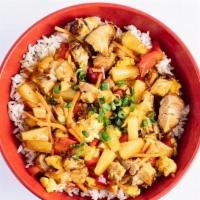 Mojoe Bowl · Dark chicken, pineapple, egg, carrots, red onions, red pepper in a sweet & spicy sauce