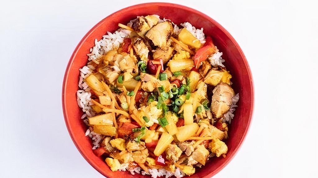 Mojoe Bowl · Dark chicken, pineapple, egg, carrots, red onions, red pepper in a sweet & spicy sauce