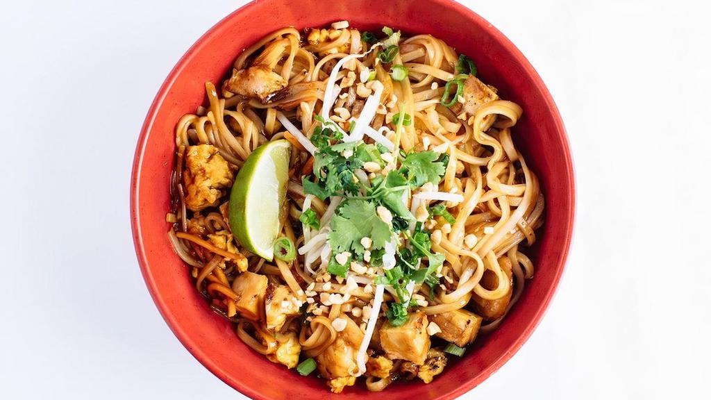 Thai Noodle Bowl · Grilled Shrimp, White Chicken, Scrambled Egg, Zucchini. Red Pepper, Carrots and Rice Noodles sauteed in Joe's Pad Thai Sauce, Garnished with Peanuts, Green Onions, and Red Pepper Flakes