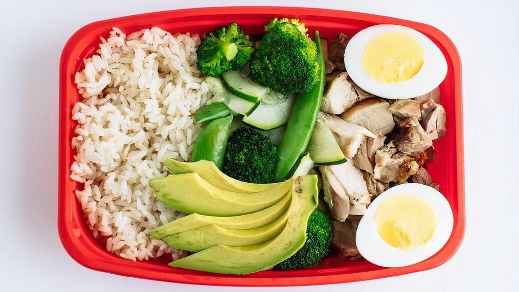 Damn Bro · High in protein and high in healthy fats. This. signature Meal Plan is loaded with veggies,. grilled dark chicken scrambled egg and. avocado. Served with white rice and your. choice of sauce.