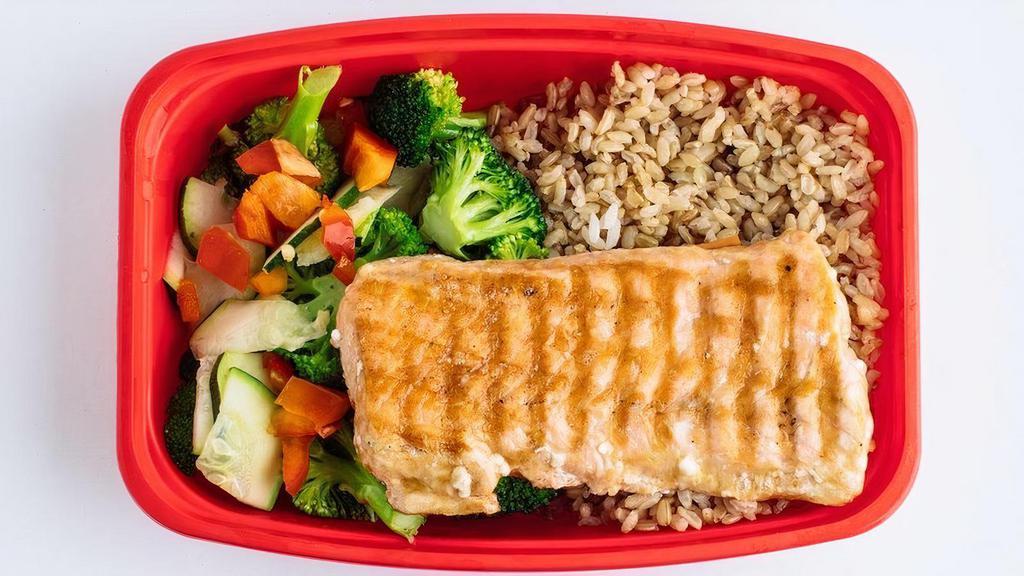 Mega Omega · A 6 ounce portion of grilled salmon served. with brown rice, broccoli snap peas, red. peppers and your choice of sauce. A delicious. meal high in vitamins and nutrients.