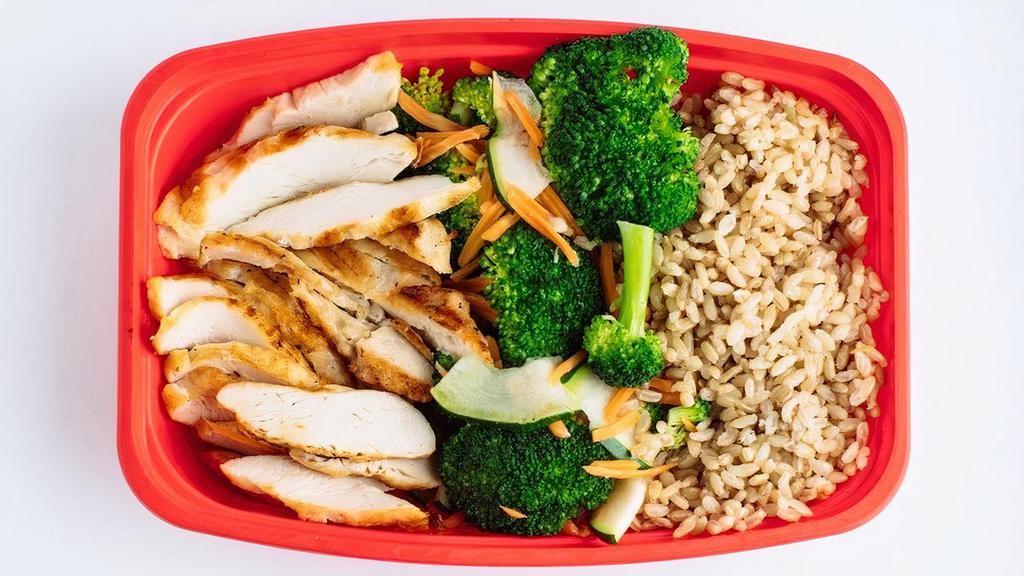 My Go-To · A well balanced meal for anyone looking. to eat healthy anytime! White Chicken,. brown rice, one cup of steamed veggies. and your choice of sauce