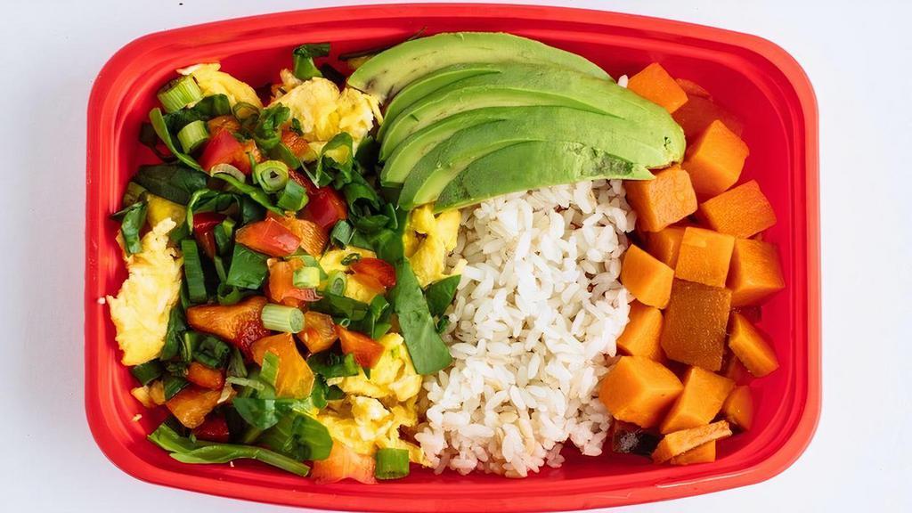 The Breakfast Club · A great tasting breakfast meal packed with. protein. Four scrambled eggs served with. sweet potatoes, avocado, white rice, spinach. red peppers and green onion. Recommended. sauce is Joe’s Green Dragon.