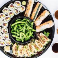 Joe'S Party Platter · Choice of Sushi Rolls and Spring Rolls with Edamame and Pan Seared Potstickers. Perfect for ...