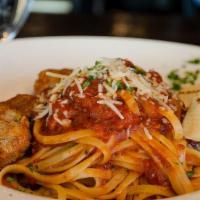 Meatball Marinara · Linguine topped with house made meatballs & marinara sauce.  Served with toasted French bagu...