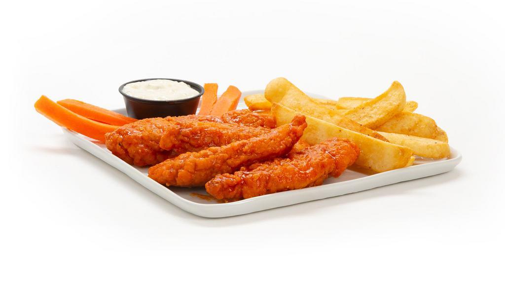 Buffalo-Style Crispy Chicken Tenders & Fries · Breaded and golden-fried chicken tenders tossed in buffalo sauce, served with steak fries and Bleu cheese.