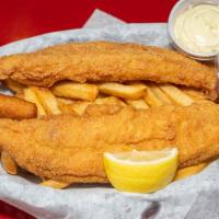 Catfish Special · Two pieces of fried catfish, pups, French fries, and sauce.