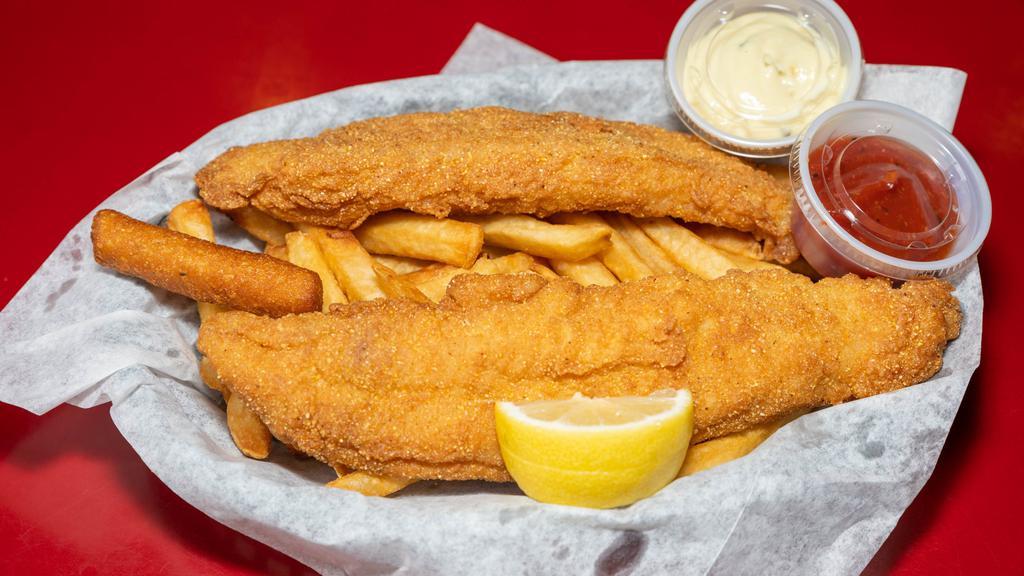 Catfish Special · Two pieces of fried catfish, pups, French fries, and sauce.