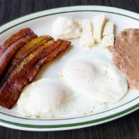 Salvadoreño · Two eggs, fried plantains. Served with beans, Salvadorian cheese and Salvadorian cream.