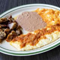Omelette Ranchero · Cheese omelete. Served with carnitas, beans and potatoes.