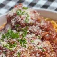 Spaghetti And Meatballs · All beef housemade meatballs and savory marinara sauce tossed with spaghetti.
