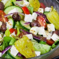 Greek Salad · Romaine lettuce, heirloom tomatoes, red onions, cucumbers, Kalamata olives, Dodoni's feta ch...