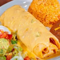 Chimichanga · Ground beef or chicken ranchero in a large flour tortilla deep-fried then topped with chile ...