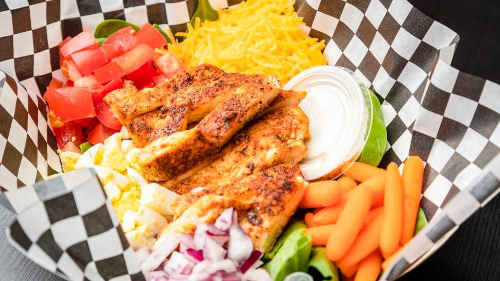 Grilled Chicken Salad · Grilled chicken on a bed of spinach or mixed medley greens tomatoes cheese mushrooms red onion with choice of greek honey mustard italian ranch dressing.