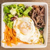 Bi Bim Bap · Bed of rice topped with vegetables and a fried egg 
choice of beef, chicken, pork or tofu
(N...