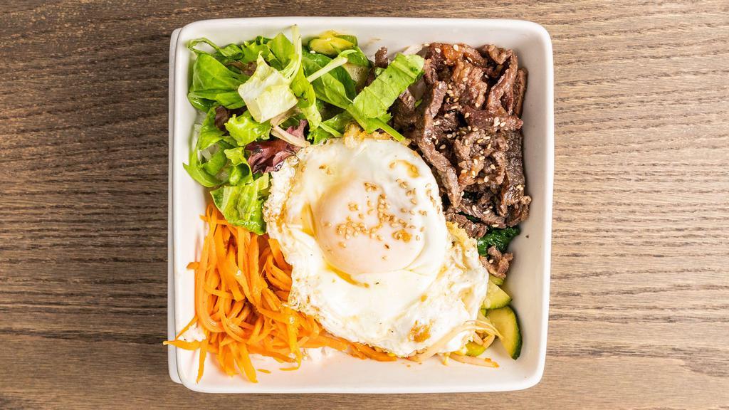 Bi Bim Bap · Bed of rice topped with vegetables and a fried egg 
choice of beef, chicken, pork or tofu
(No Ban Chan for togo order)