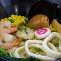 Sakana · Fresh scallop,jumbo shrimp & Squid in 12h cooked broth,bean sprout,scalion,soft egg,dry seaw...