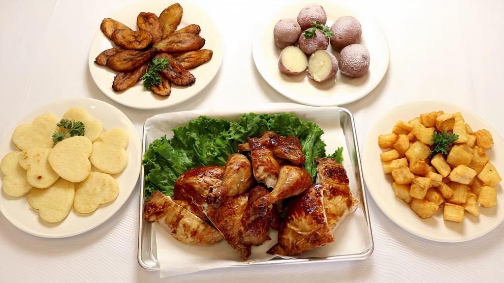 Twelve Piece And Three Large Sides · Whole and half chicken. Served with arepa or tortilla. Serves five to six.