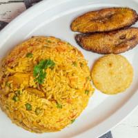 Chicken And Rice · Arroz con pollo. Served with arepa or tortilla and a side of sweet plantains.