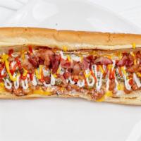 Juarez Style Regular Hot Dog With Fries. · 6 INCH HOT DOG WRAPPED IN BACON, CHEDDAR CHEESE, BEANS, COTIJA CHEESE, JALAPENO, MUSTARD, MA...