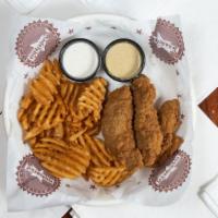 Chicken Tenders Basket · Four chicken tenders served with our famous waffle fries and a side of Hickory Ranch