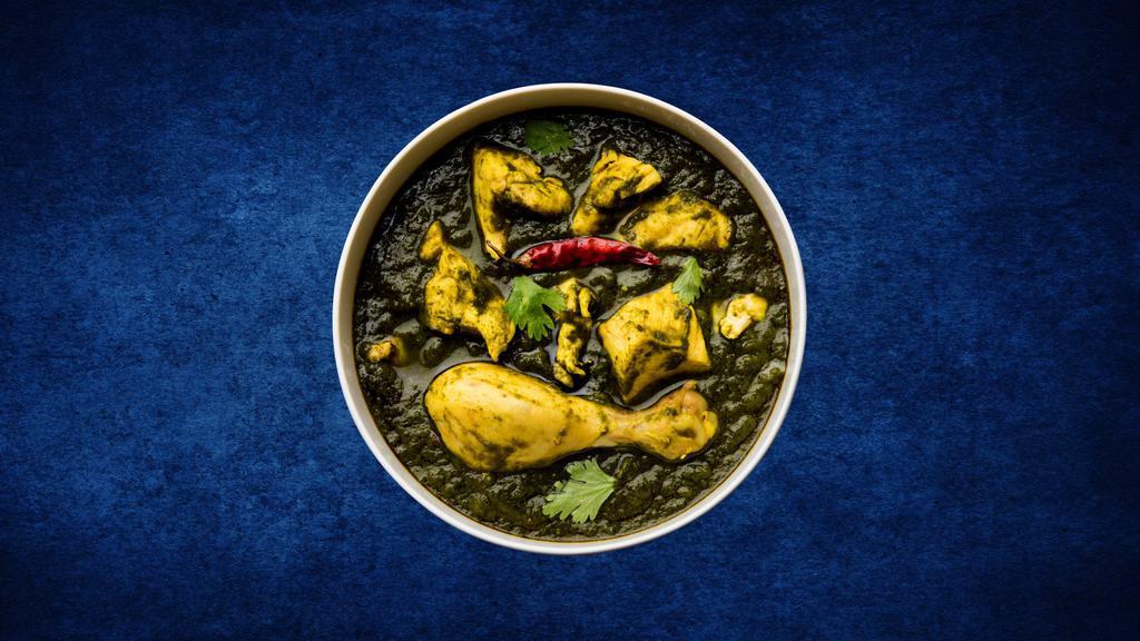 Chicken & Spinach · Tender chunks of marinated chicken, slow cooked in a thick onion, ginger, garlic and spinach curry