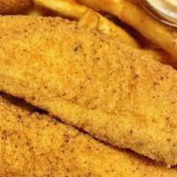 2 Pc Catfish, Fries, 2 Hushpuppies - Basket · Includes: 2 good sized catfish fillet pieces, & hush puppies.
