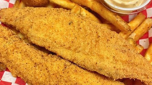 2 Pc Catfish, Fries, 2 Hushpuppies - Basket · Includes: 2 good sized catfish fillet pieces, & hush puppies.