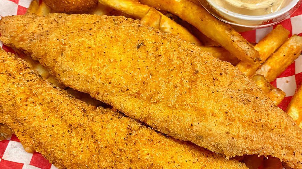 5 Pc Catfish, Fries, 2 Hushpuppies - Basket · Includes: 5 good sized catfish fillet pieces, hush puppies, and fries. Very filling for one person...easily shared for two.
