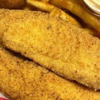 4 Pc Catfish, Fries, 2 Hushpuppies - Basket · Includes: 4 good sized catfish fillet pieces, hush puppies, and fries. Very filling for one ...
