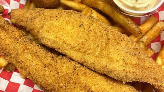 4 Pc Catfish, Fries, 2 Hushpuppies - Basket · Includes: 4 good sized catfish fillet pieces, hush puppies, and fries. Very filling for one person.