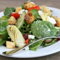 Greek Salad · Fresh greens, artichoke hearts, kalamata olives, roasted red peppers, cucumbers, cherry toma...