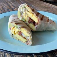 Breakfast Burrito  · Scrambled egg, pepper Jack cheese, avocado, bacon, onion and green chili mayo on a gluten-fr...