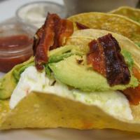 Scott'S Tacos (3) · Scrambled egg whites, bacon, tomato, avocado, corn tortillas. Salsa and pico de gallo on the...