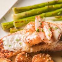 Bourree Blanc · Seared crusted Salmon and grilled Shrimp topped with a classic Bourree Sauce served with roa...