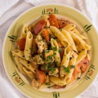 Penne Con Petti Di Pollo · Penne pasta with a slice of grilled chicken breast, garlic, fresh tomato, basil, and olive o...