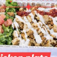 Chicken Plates · Rice, chicken, lettuce, tomato, cucumber, red onion, pickle, feta cheese, white and hot sauce.