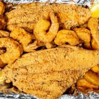 Fish & Shrimp Platter · 2 catfish, 8 fried shrimp, fries & hush puppies.
