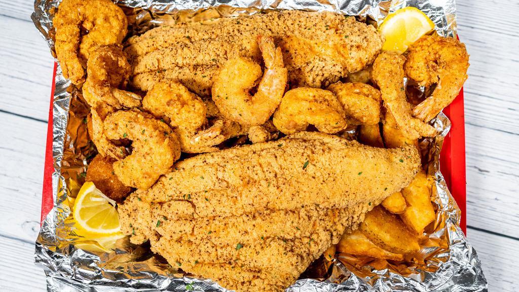 Fish & Shrimp Platter · 2 catfish, 8 fried shrimp, fries & hush puppies.