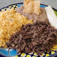 Beef Cabeza Barbacoa Plate · ALL PLATES SERVED WITH RICE,BEANS,SALSA,ONION, CILANTRO AND TORTILLAS