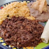 Beef Barbacoa Plate · ALL PLATES SERVED WITH RICE,BEANS,SALSA,ONION, CILANTRO AND TORTILLAS