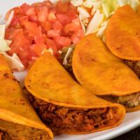 Tacos Al Vapor · Six mini corn tortillas in red salsa ( no spicy) options: carne deshebrada chicharron potato...
