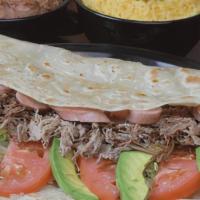 Burrito Monterrey · Giant flour tortilla shredded beef sliced weenies avocado cream refried beans lettuce tomato...