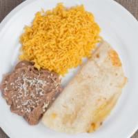 Quesadilla Jr. · Flour tortilla filled with white melted cheese rice refried beans.