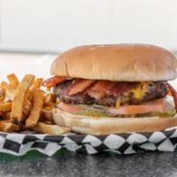 Bacon Cheeseburger · Loaded with bacon, American cheese, mayo, lettuce, tomato, onions, pickles.